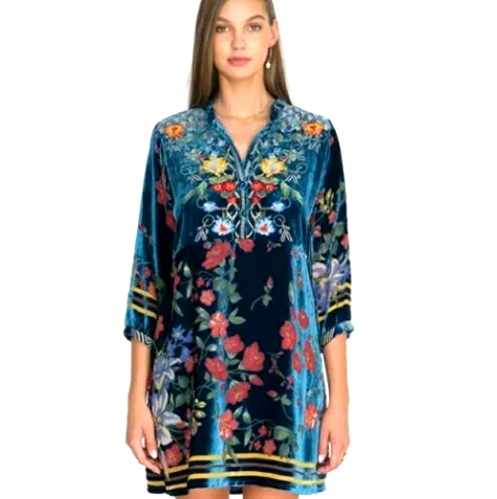 JOHNNY WAS MABEL TUNIC DRESS EMBROIDERED VELVET